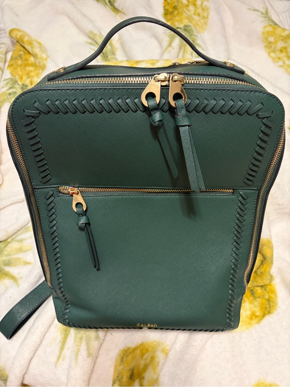 Calpak Forest Green Saffiano Whipstitch Laptop Backpack 15 inch